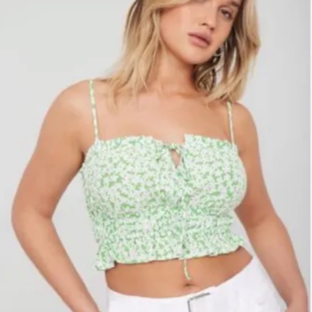 (A56) Garage Milena Midi Shirred Tube Top, Green White Daisy, Size Medium, NWT